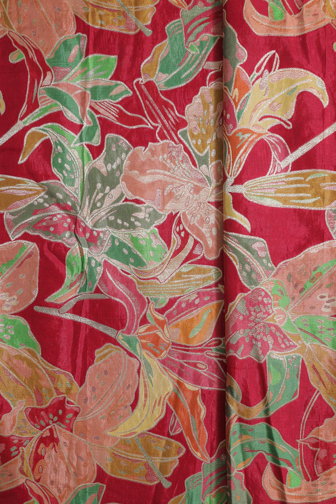 Positional Floral Zari Print On Fuchsia Viscose Dola Silk Jacquard Fabric