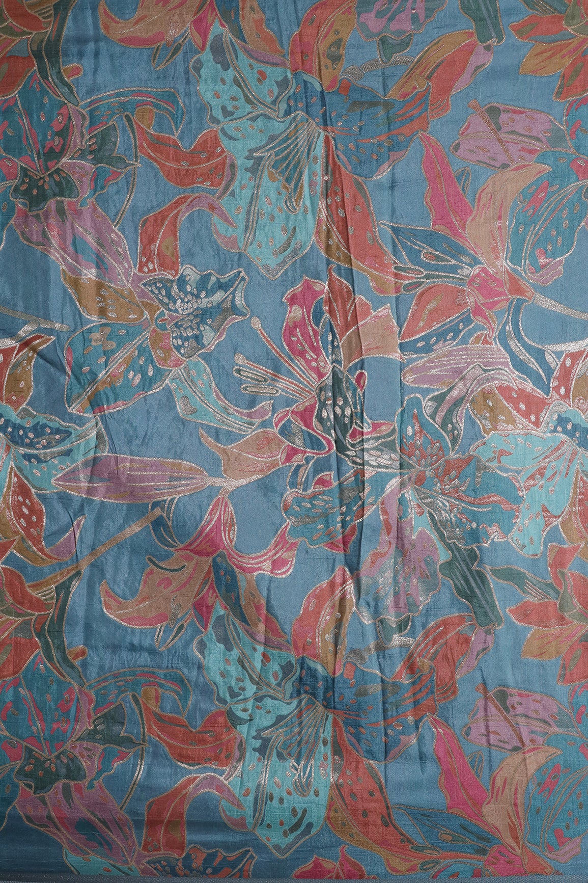 Positional Floral Zari Print On Pastel Blue Viscose Dola Silk Jacquard Fabric
