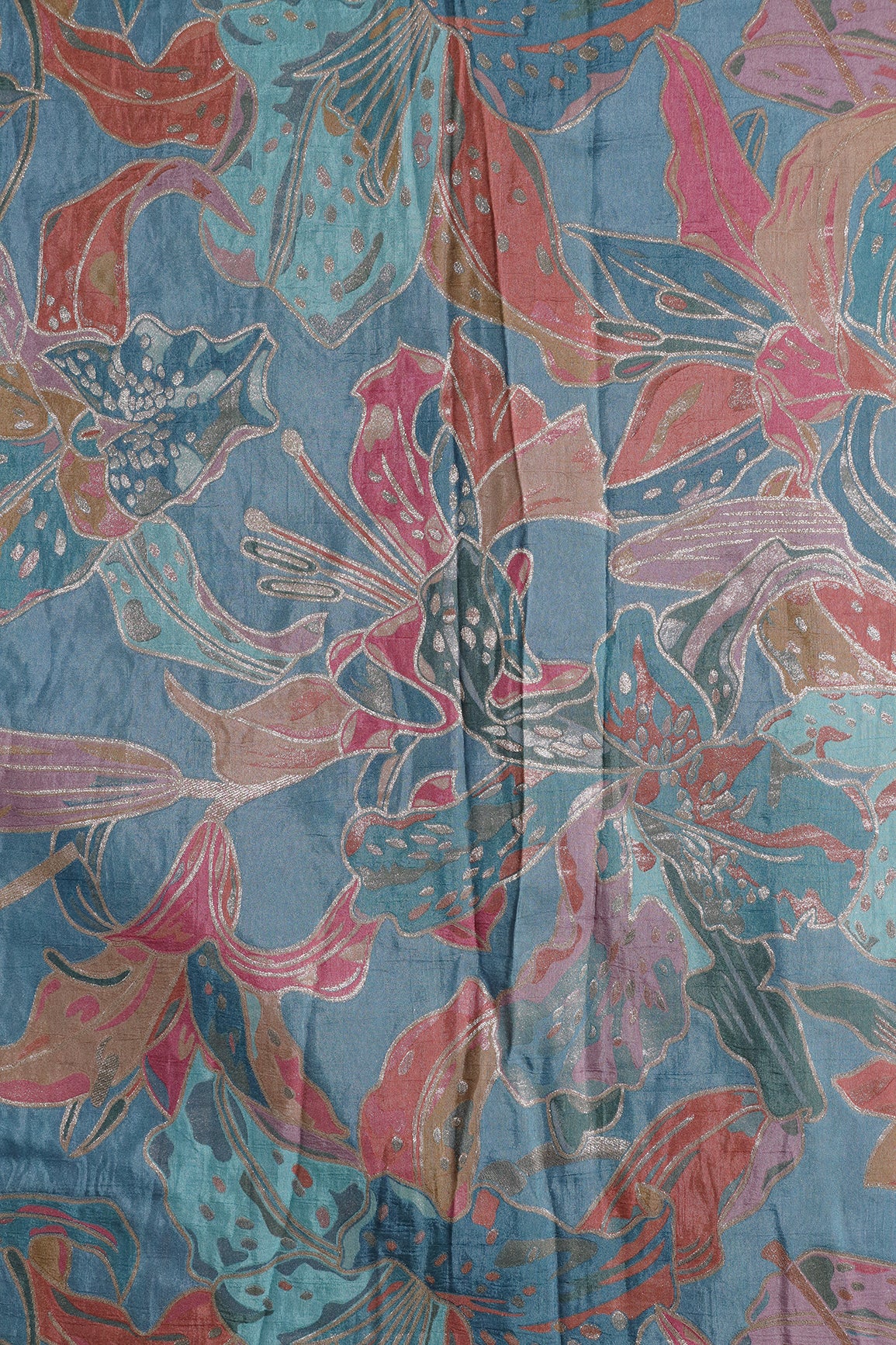 Positional Floral Zari Print On Pastel Blue Viscose Dola Silk Jacquard Fabric