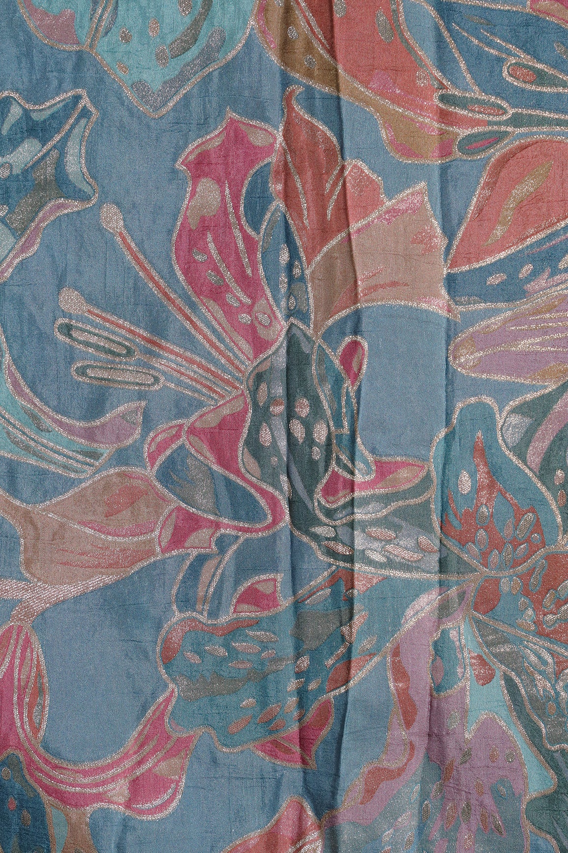 Positional Floral Zari Print On Pastel Blue Viscose Dola Silk Jacquard Fabric
