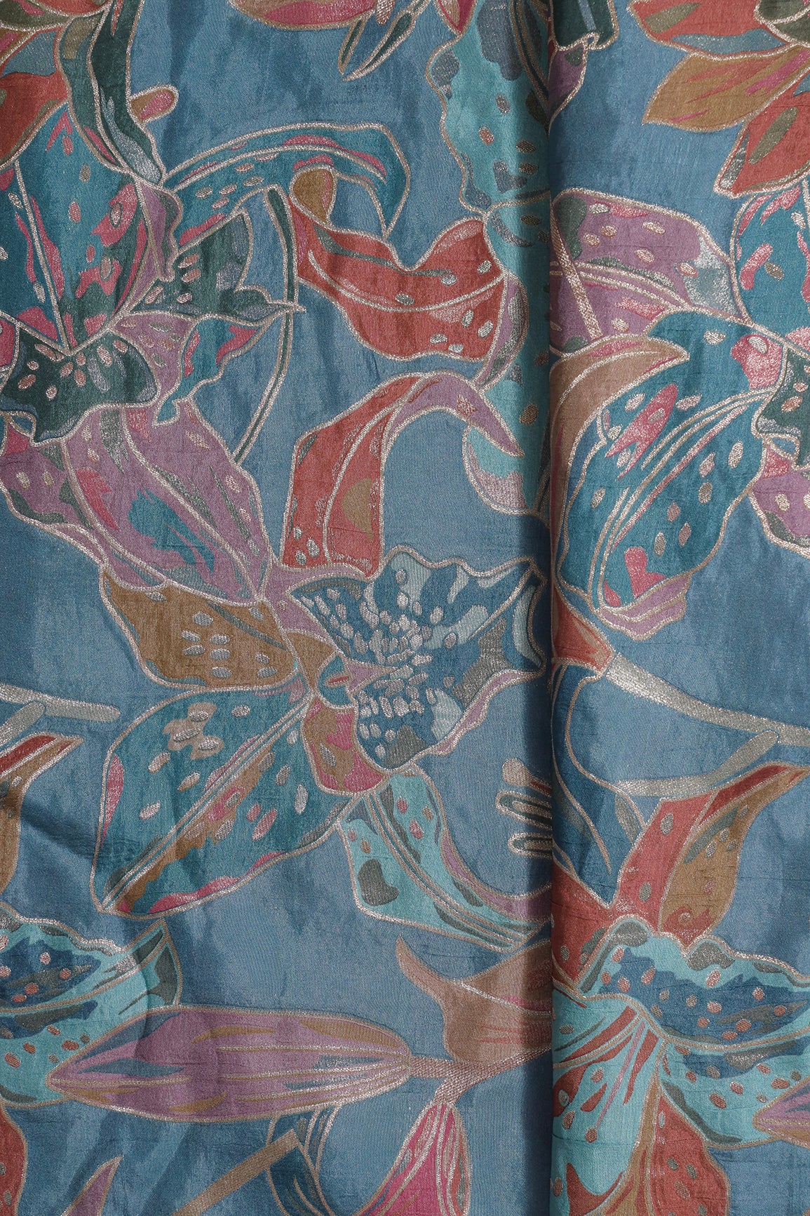 Positional Floral Zari Print On Pastel Blue Viscose Dola Silk Jacquard Fabric