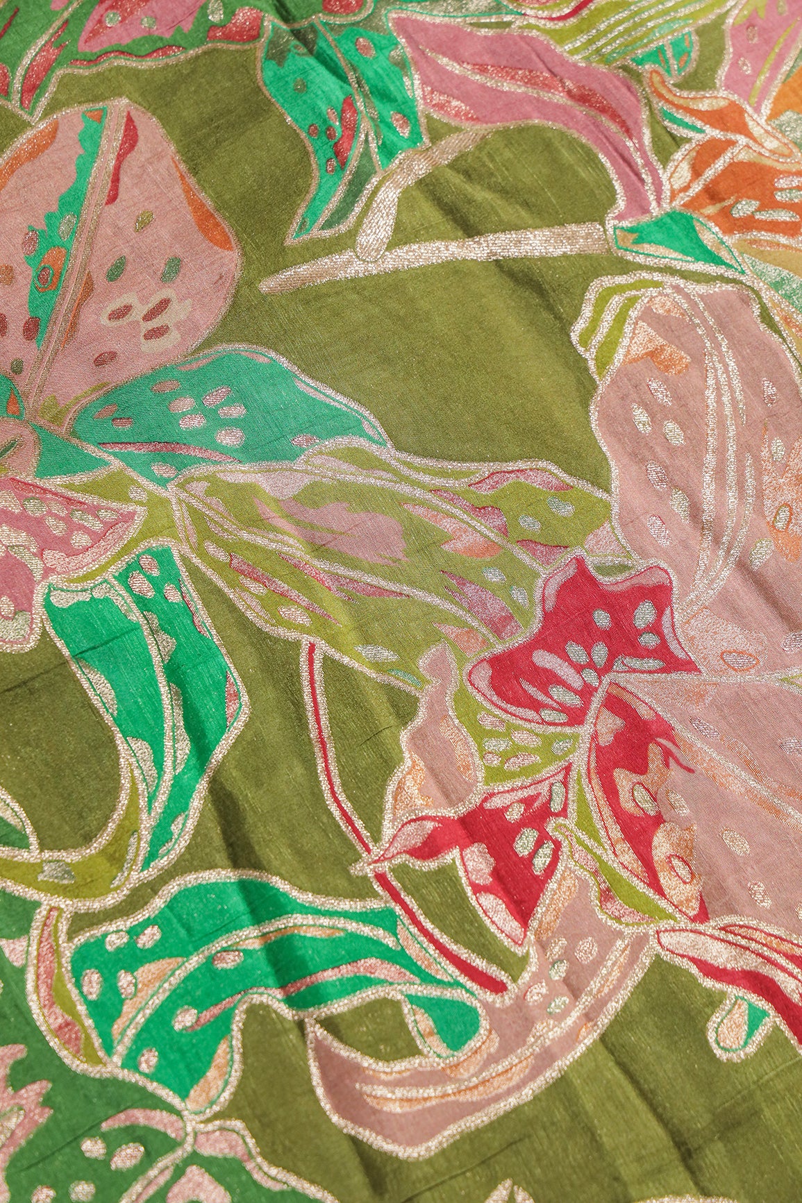 Positional Floral Zari Print On Mehendi Green Viscose Dola Silk Jacquard Fabric