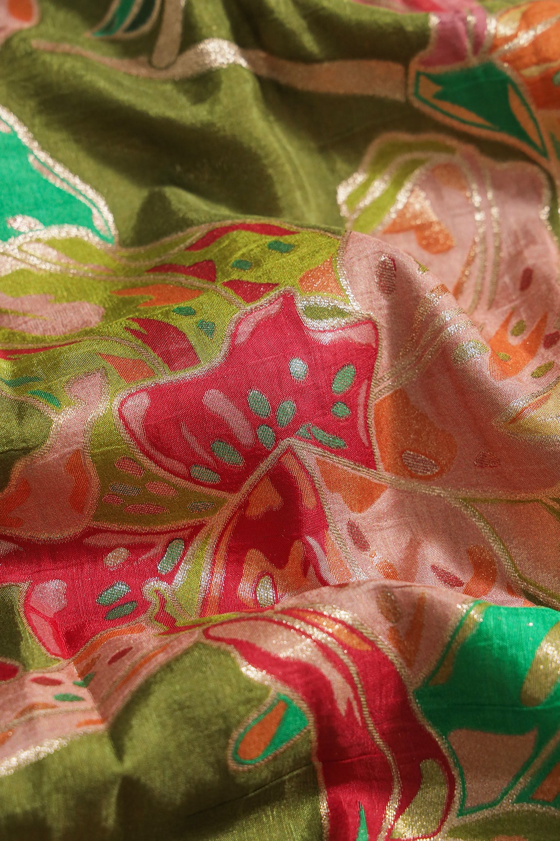 Positional Floral Zari Print On Mehendi Green Viscose Dola Silk Jacquard Fabric