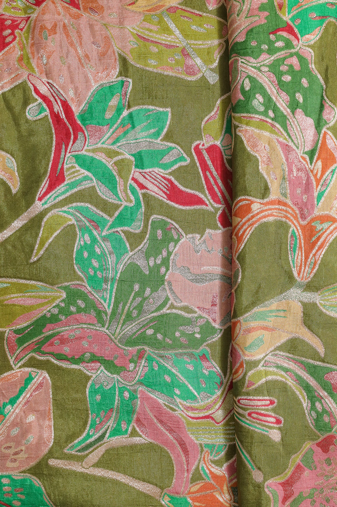 Positional Floral Zari Print On Mehendi Green Viscose Dola Silk Jacquard Fabric