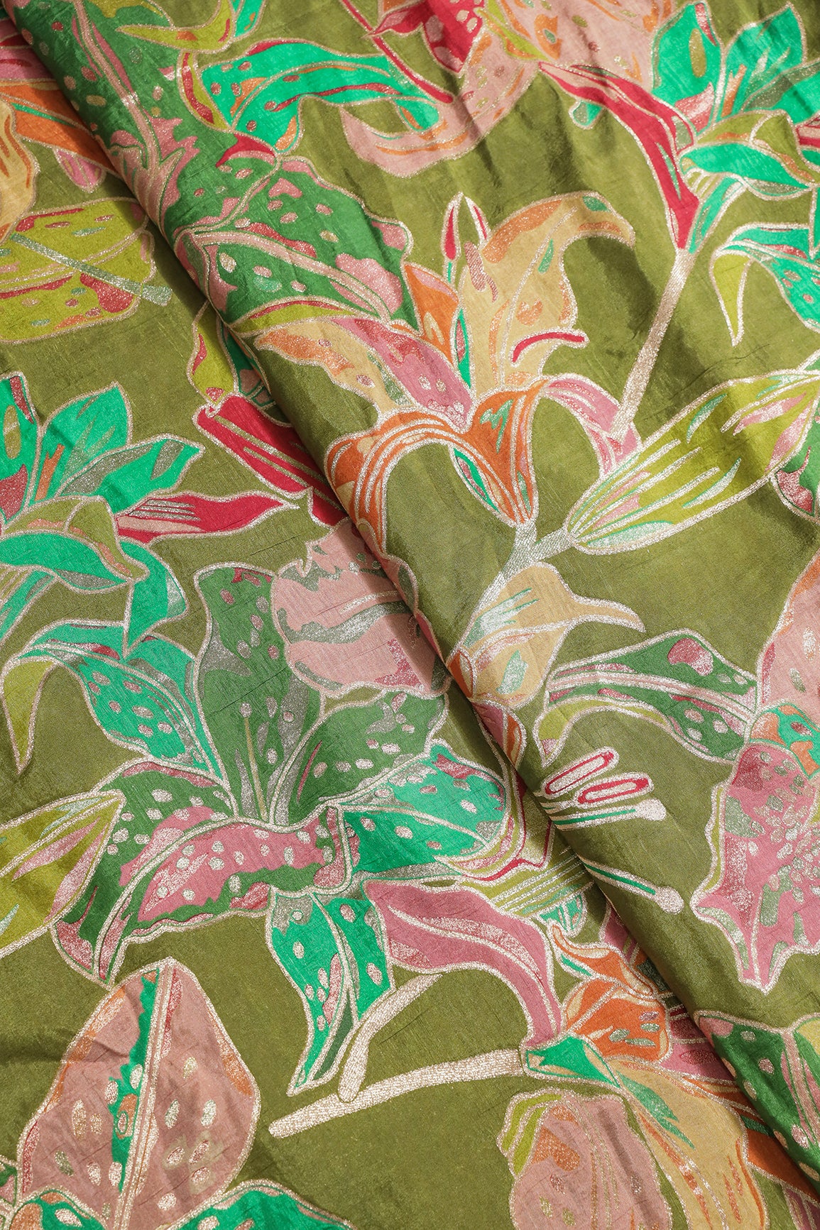 Positional Floral Zari Print On Mehendi Green Viscose Dola Silk Jacquard Fabric