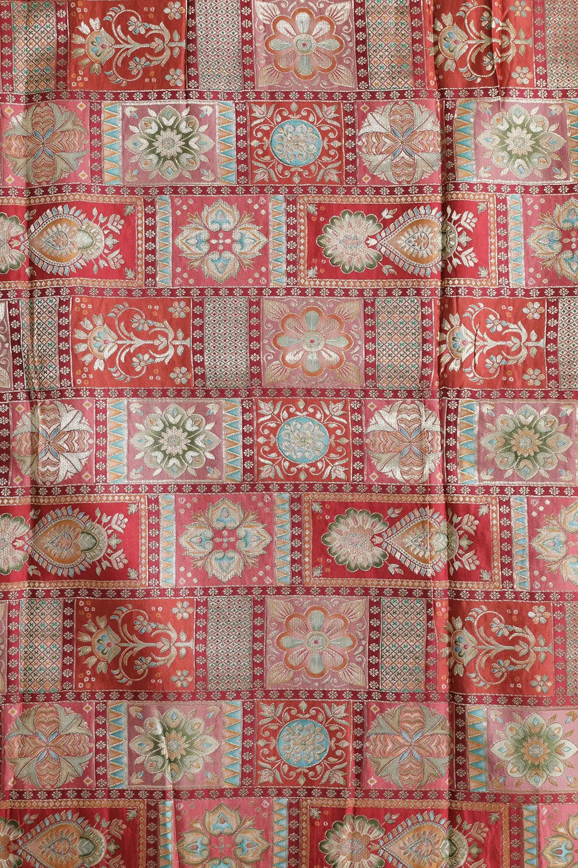 Positional Floral Zari Print On Red Viscose Dola Silk Jacquard Fabric