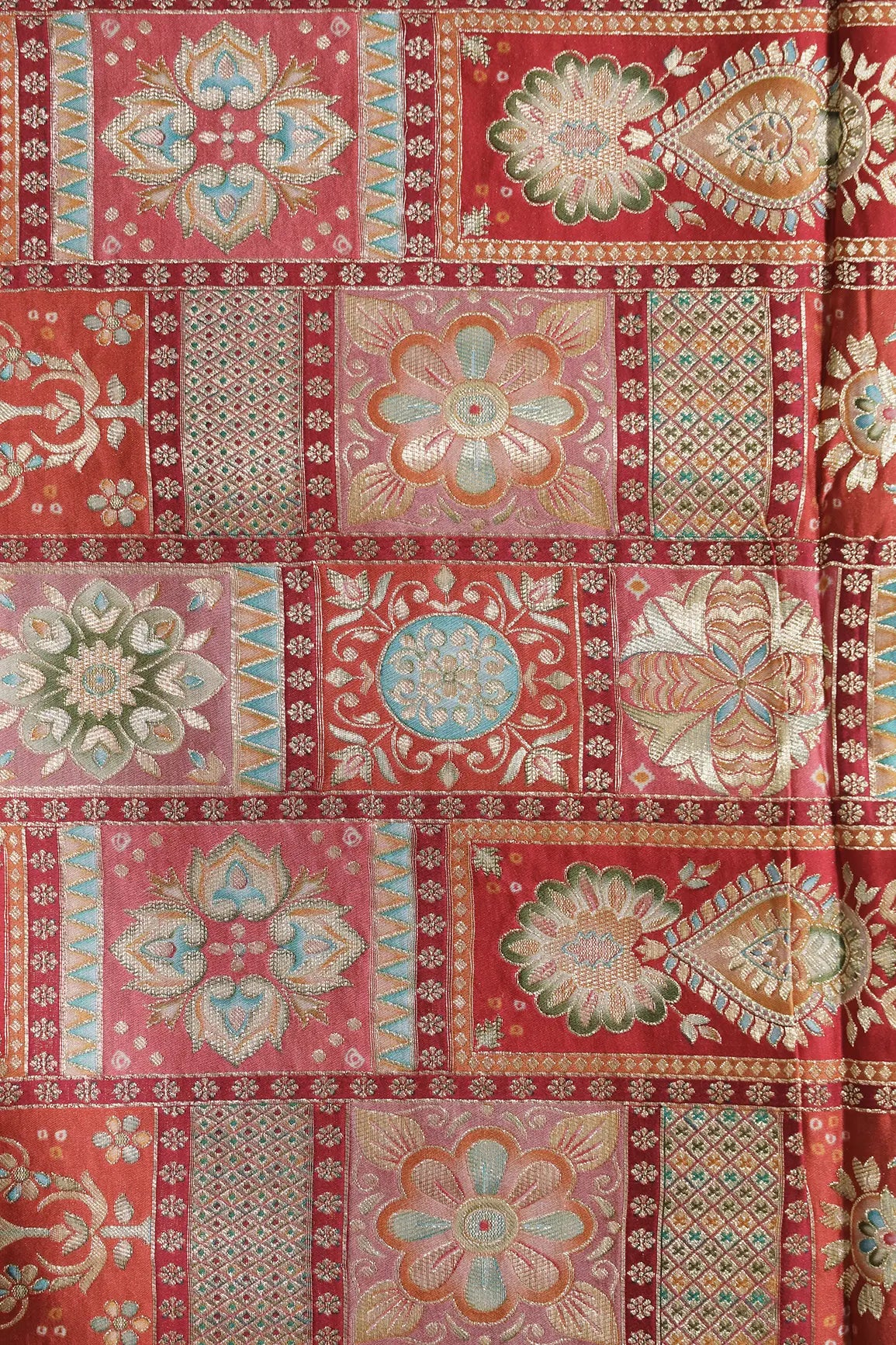 Positional Floral Zari Print On Red Viscose Dola Silk Jacquard Fabric