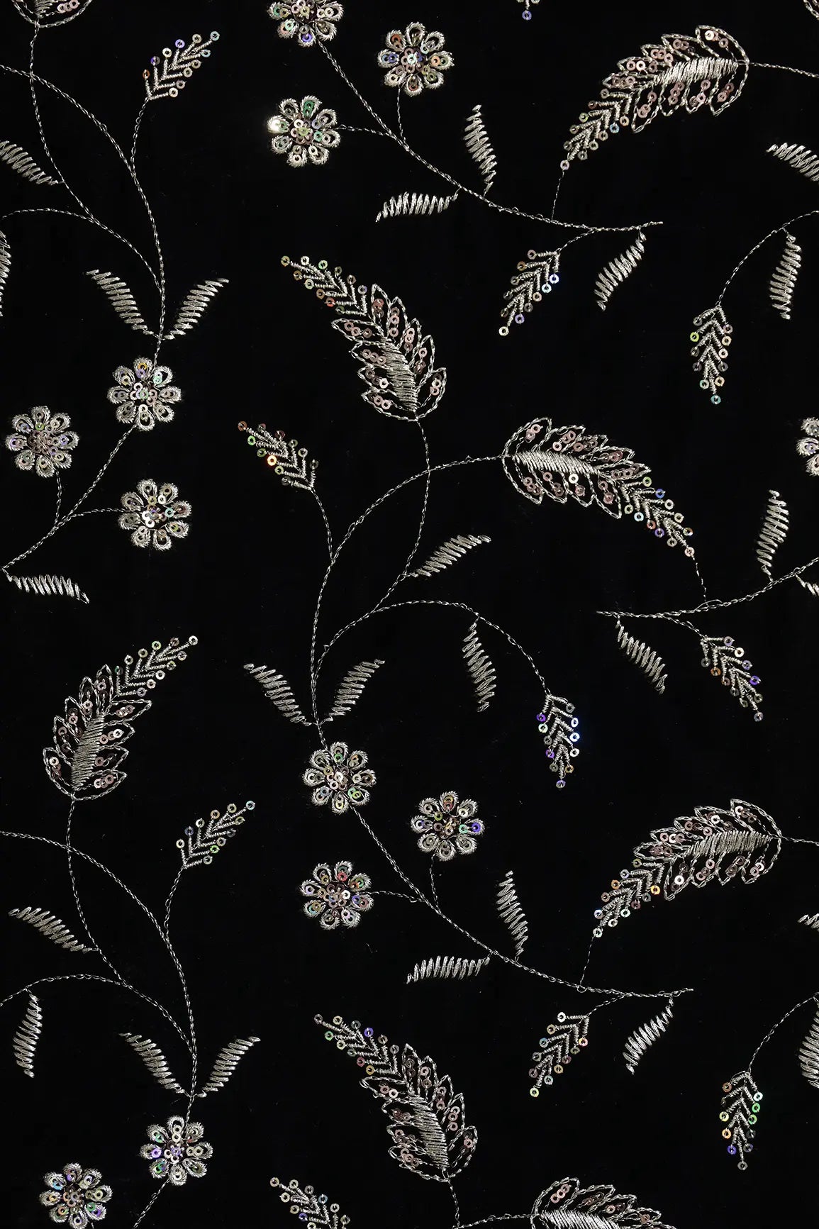 Gold Sequins With Gold Zari Floral Leafy Embroidery Work On Black Velvet Fabric