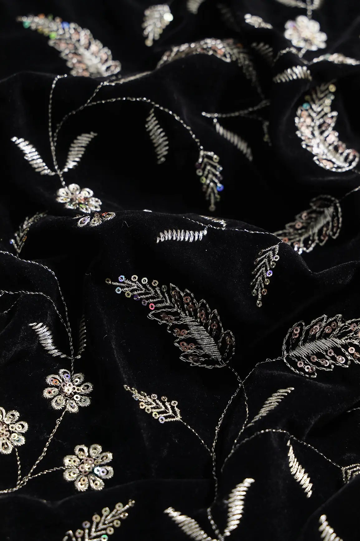 Gold Sequins With Gold Zari Floral Leafy Embroidery Work On Black Velvet Fabric