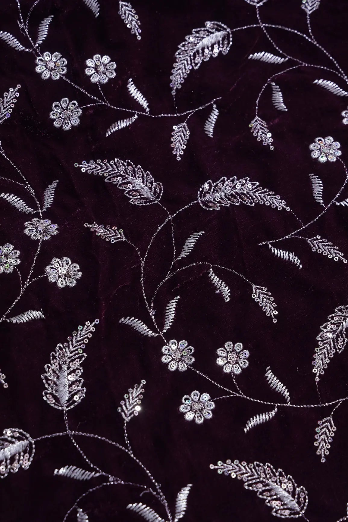 Gold Sequins With Gold Zari Floral Leafy Embroidery Work On Wine Velvet Fabric