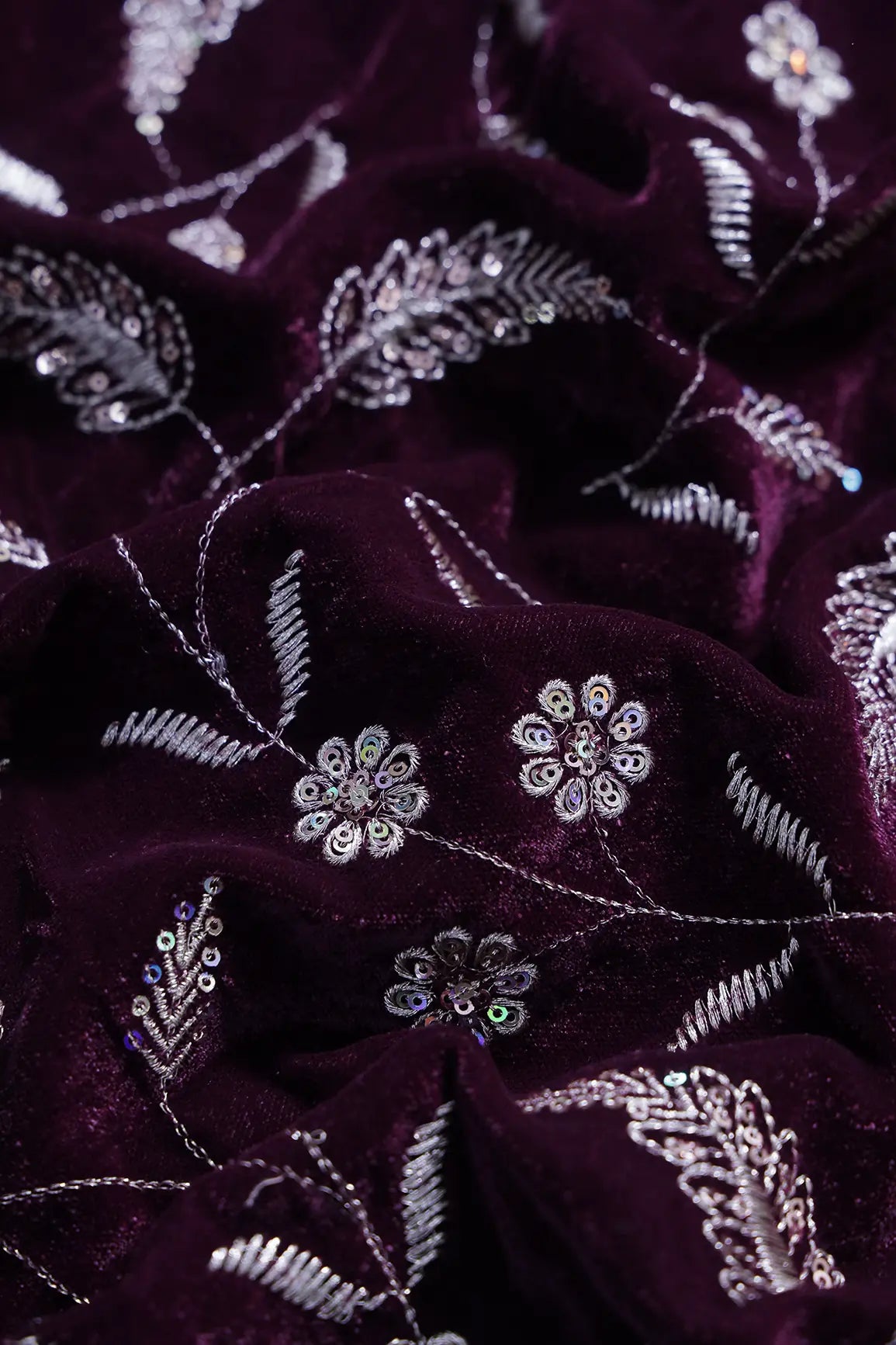 Gold Sequins With Gold Zari Floral Leafy Embroidery Work On Wine Velvet Fabric