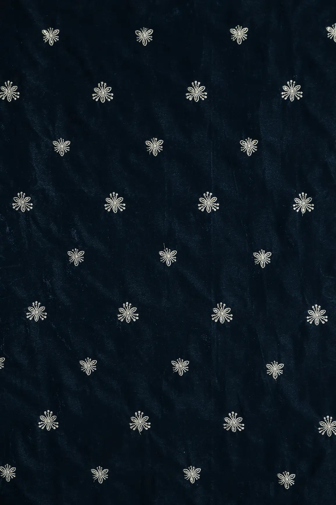 Gold Sequins With Gold Zari Small Floral Motif Embroidery Work On Prussian Blue Velvet Fabric