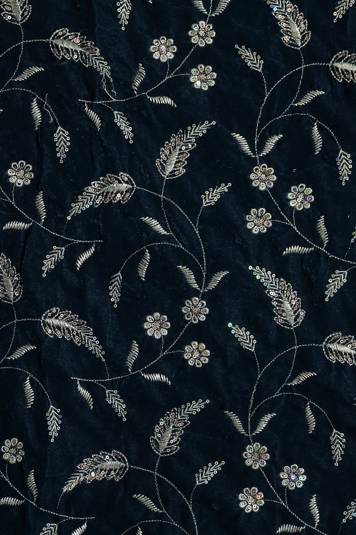 Gold Sequins With Gold Zari Floral Leafy Embroidery Work On Prussian Blue Velvet Fabric
