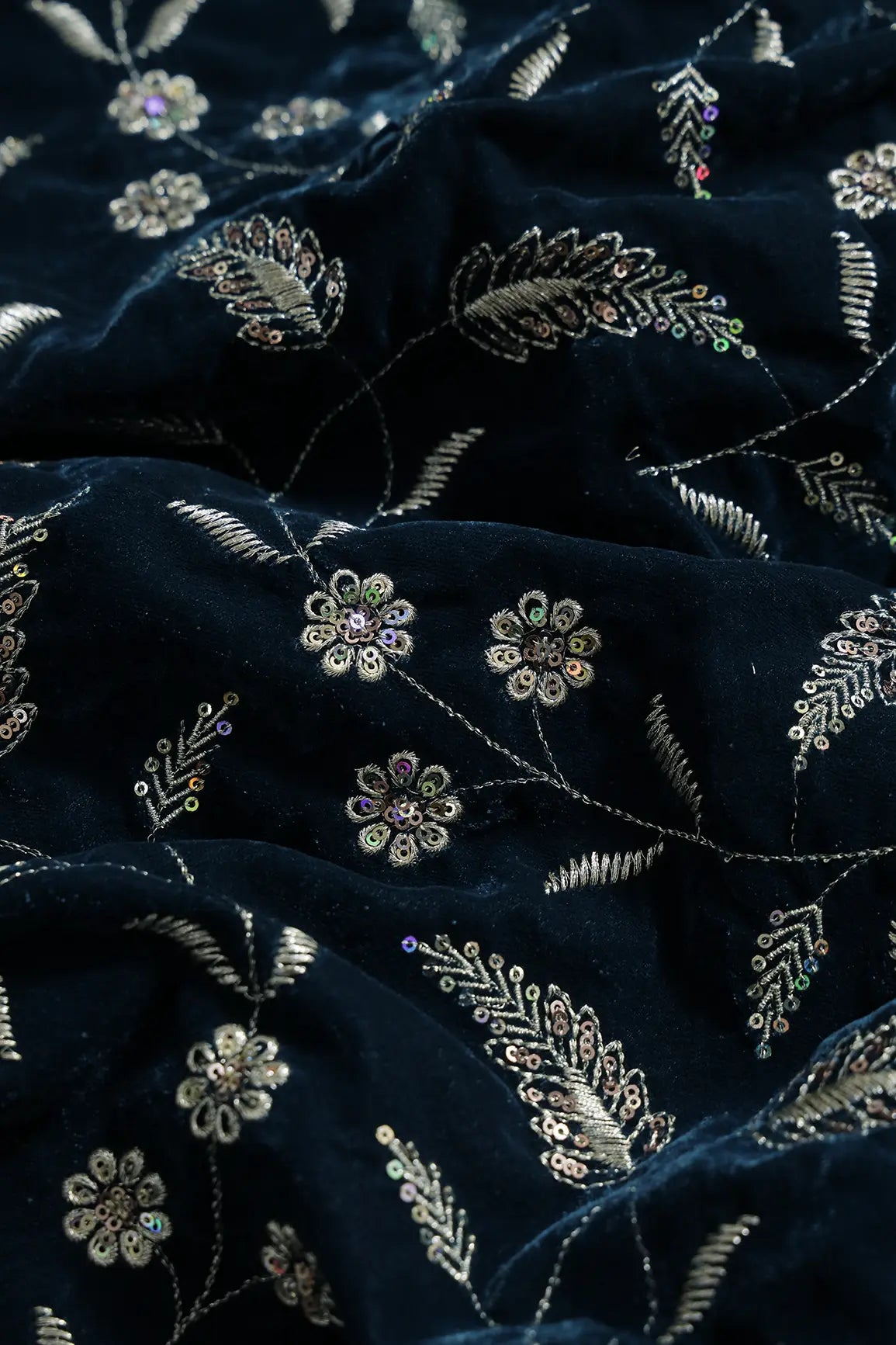 Gold Sequins With Gold Zari Floral Leafy Embroidery Work On Prussian Blue Velvet Fabric