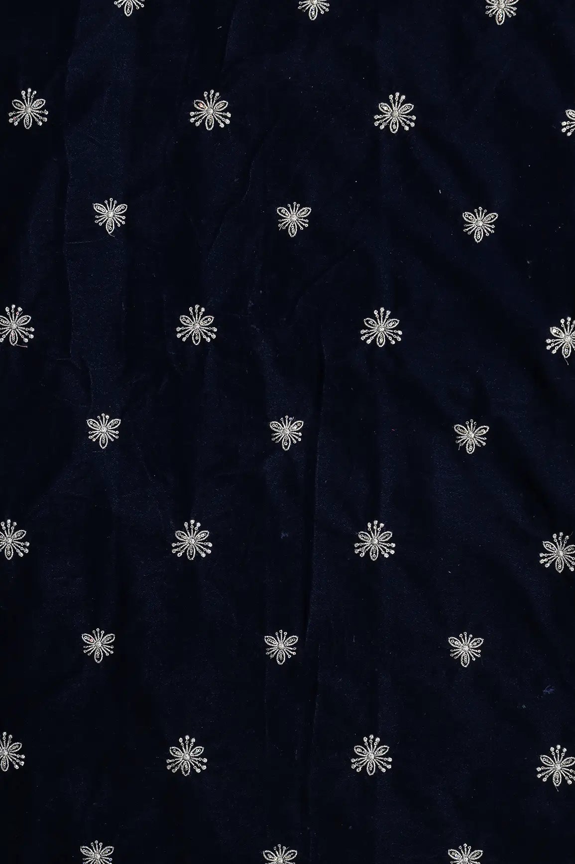 Gold Sequins With Gold Zari Small Floral Motif Embroidery Work On Navy Blue Velvet Fabric