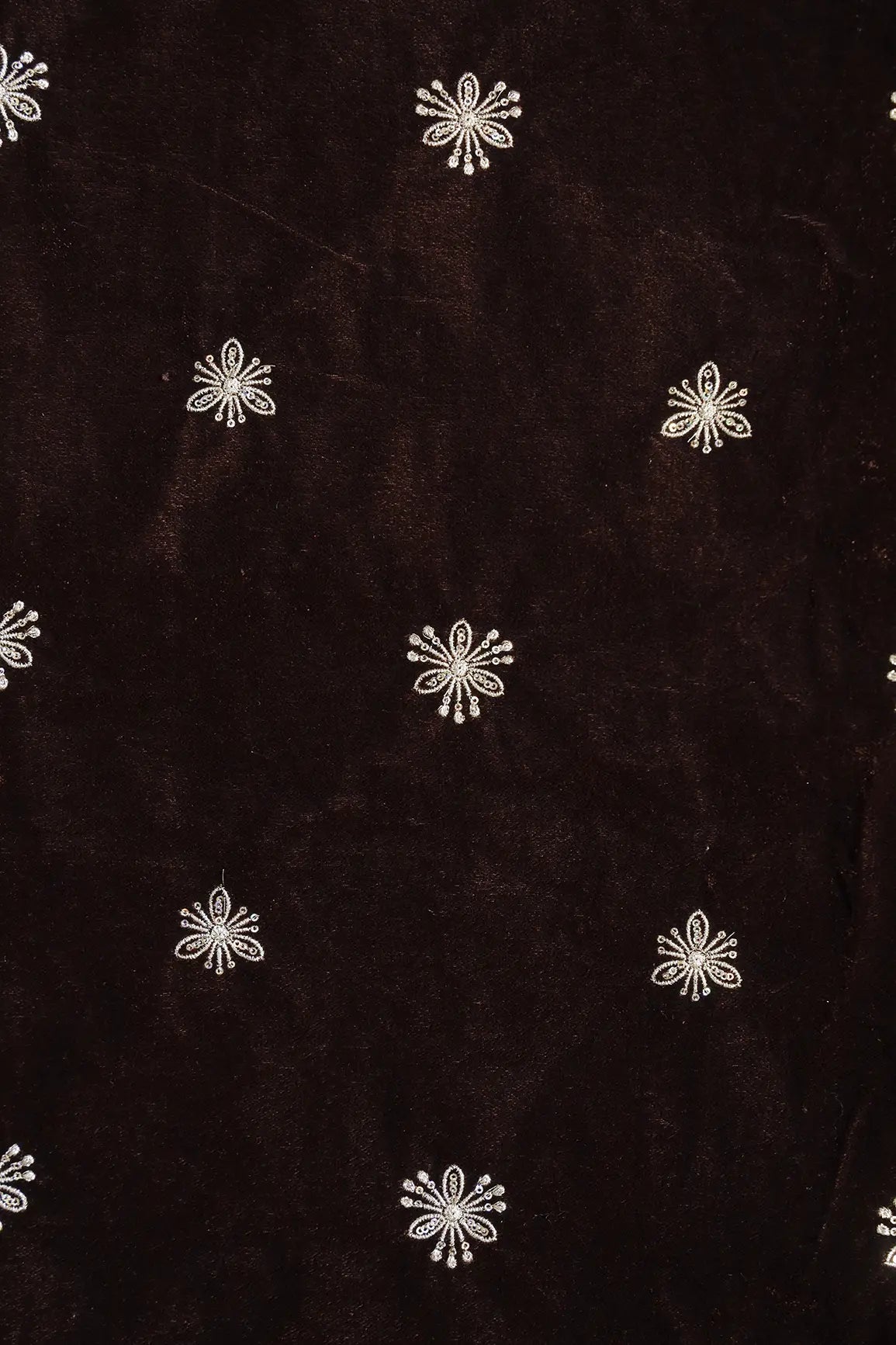 Gold Sequins With Gold Zari Small Floral Motif Embroidery Work On Coffee Velvet Fabric