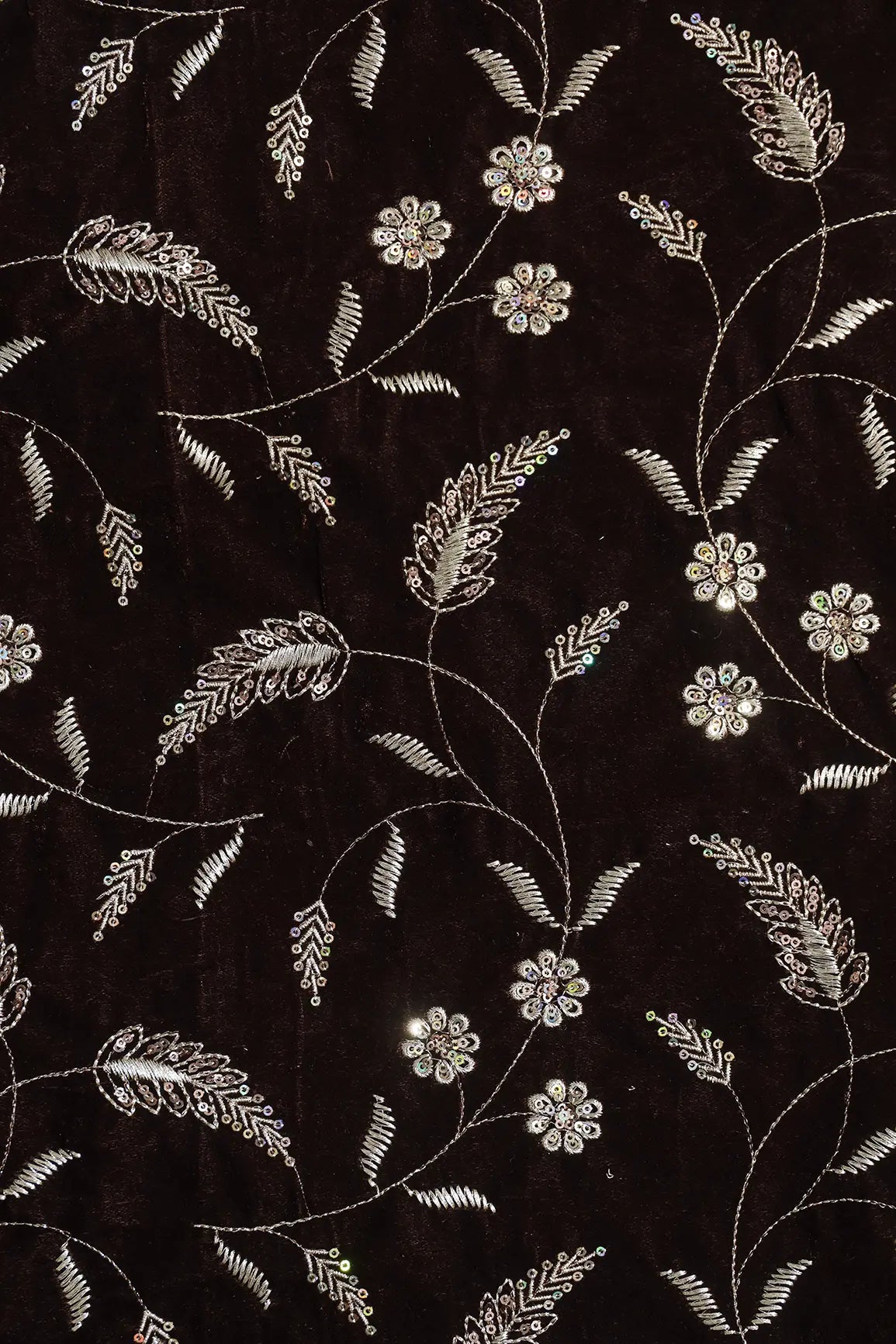 Gold Sequins With Gold Zari Floral Leafy Embroidery Work On Coffee Velvet Fabric