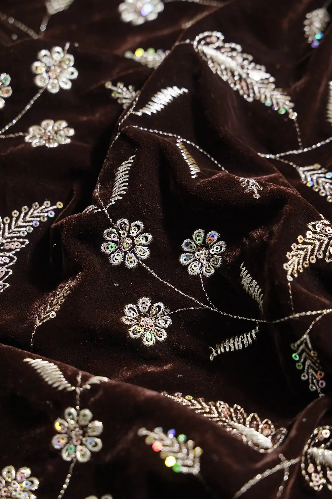 Gold Sequins With Gold Zari Floral Leafy Embroidery Work On Coffee Velvet Fabric