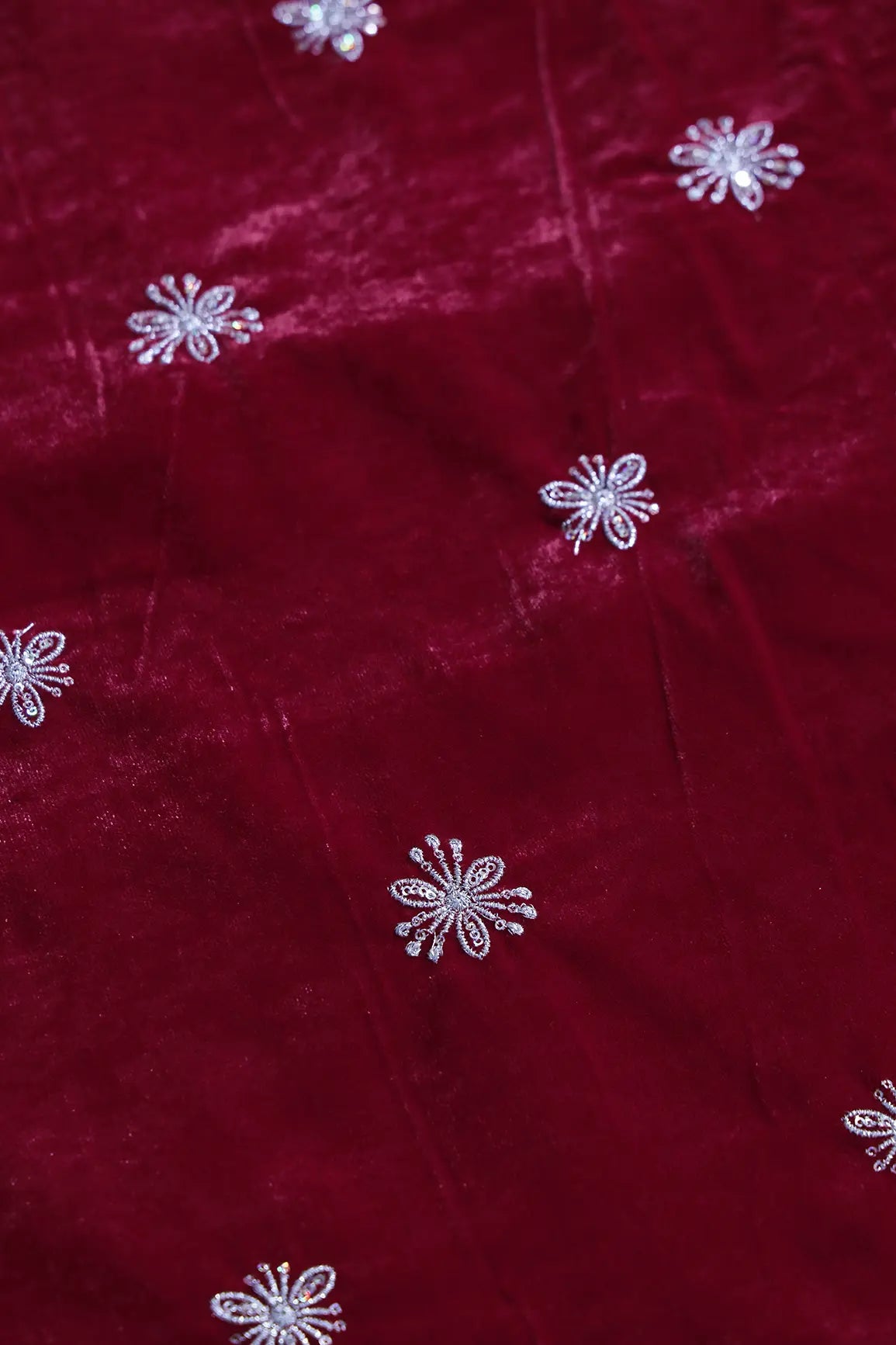 Gold Sequins With Gold Zari Small Floral Motif Embroidery Work On Red Velvet Fabric
