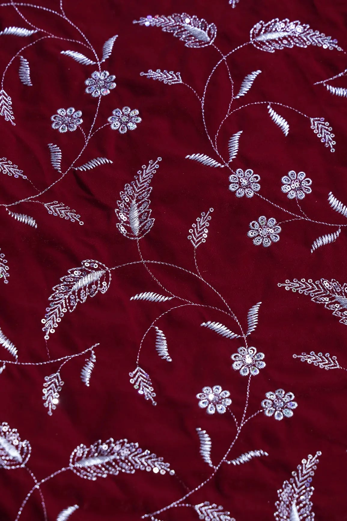 Gold Sequins With Gold Zari Floral Leafy Embroidery Work On Red Velvet Fabric