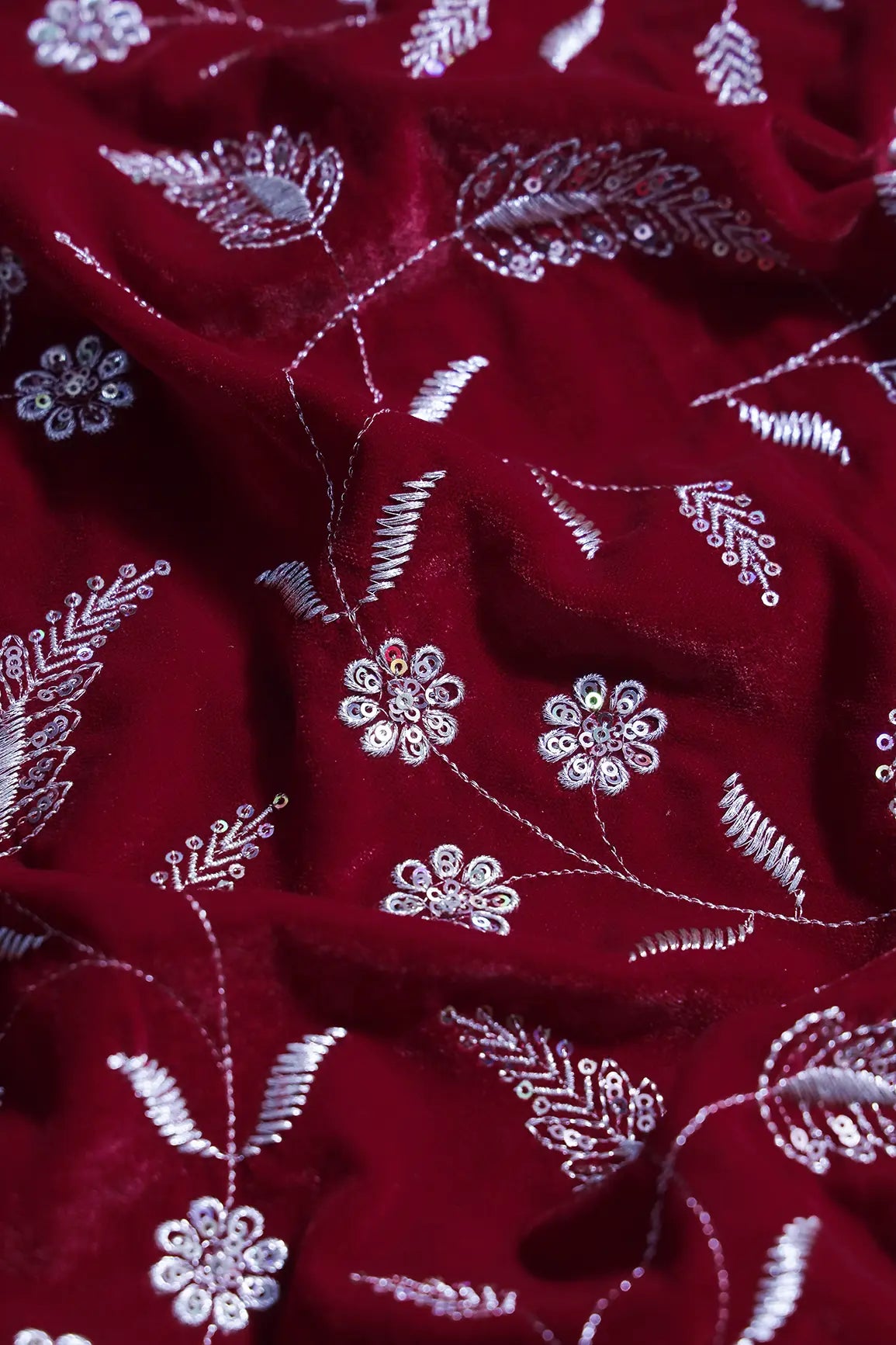 Gold Sequins With Gold Zari Floral Leafy Embroidery Work On Red Velvet Fabric