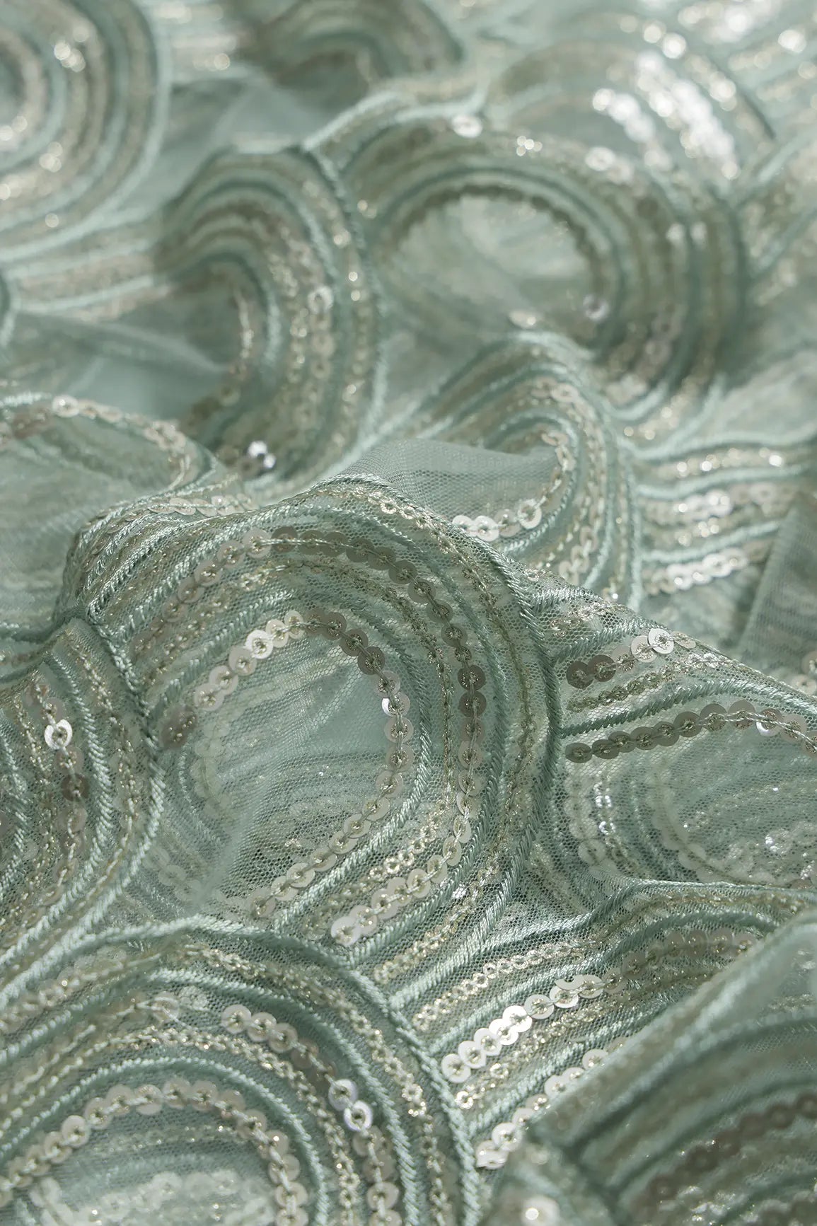 Teal Thread With Silver Sequins Abstract Embroidery Work On Teal Soft Net Fabric