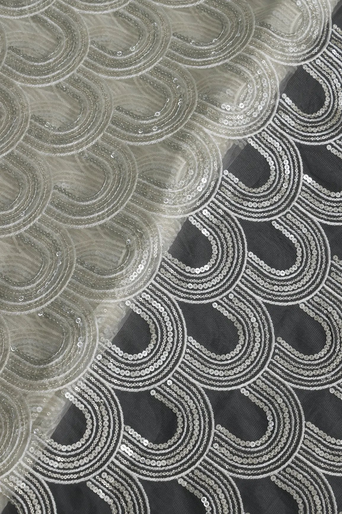 Off White Thread With Silver Sequins Abstract Embroidery Work On Off White Soft Net Fabric