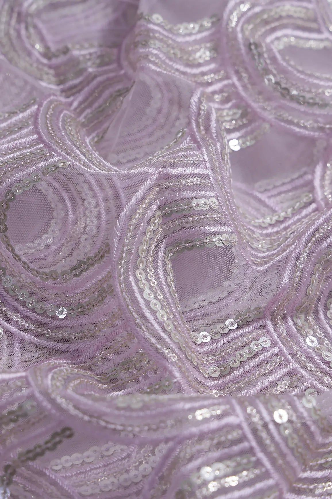 Lavender Thread With Silver Sequins Abstract Embroidery Work On Lavender Soft Net Fabric