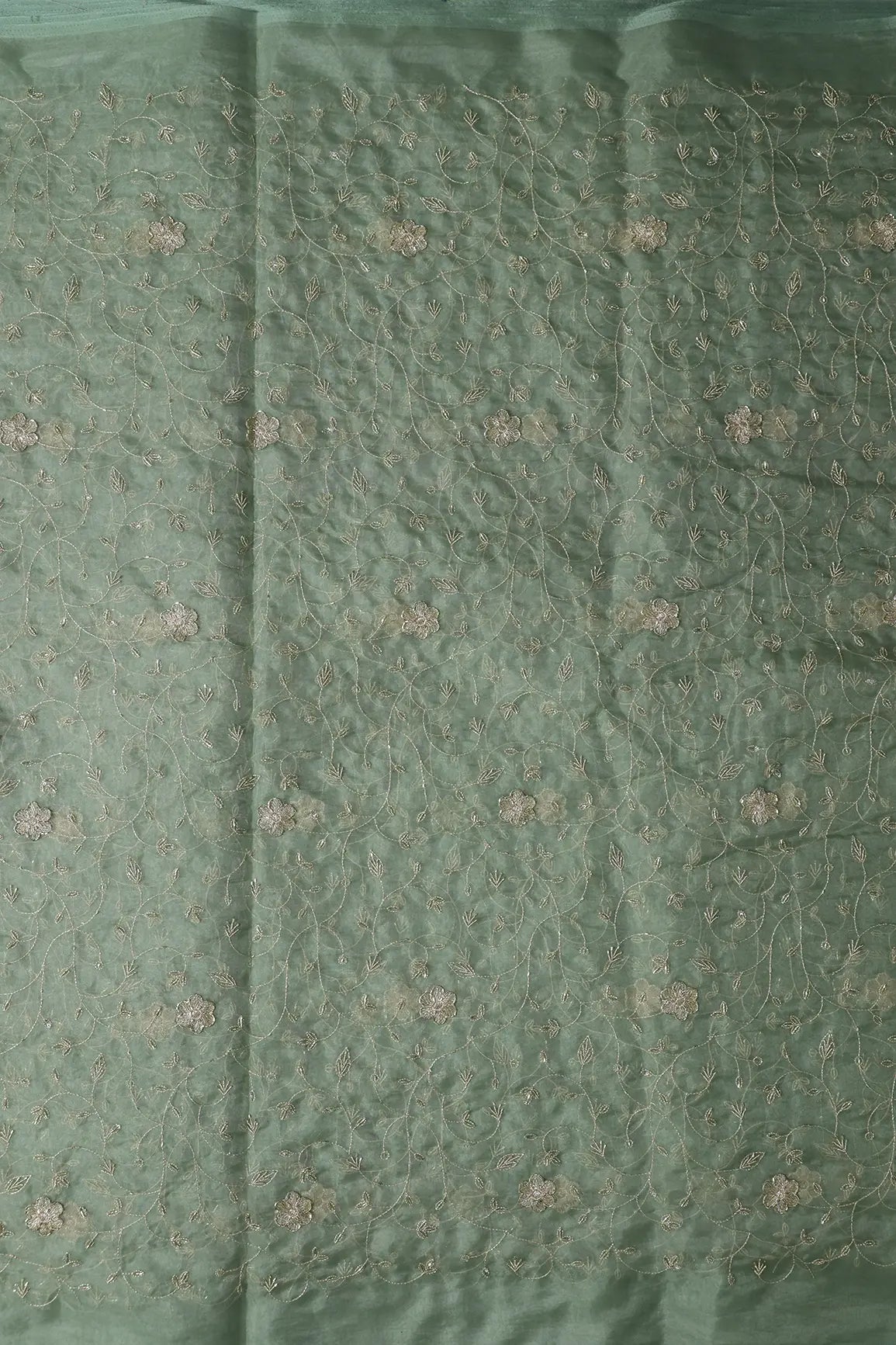Gold Zari With Beads Leafy Embroidery Work On Olive Organza Fabric