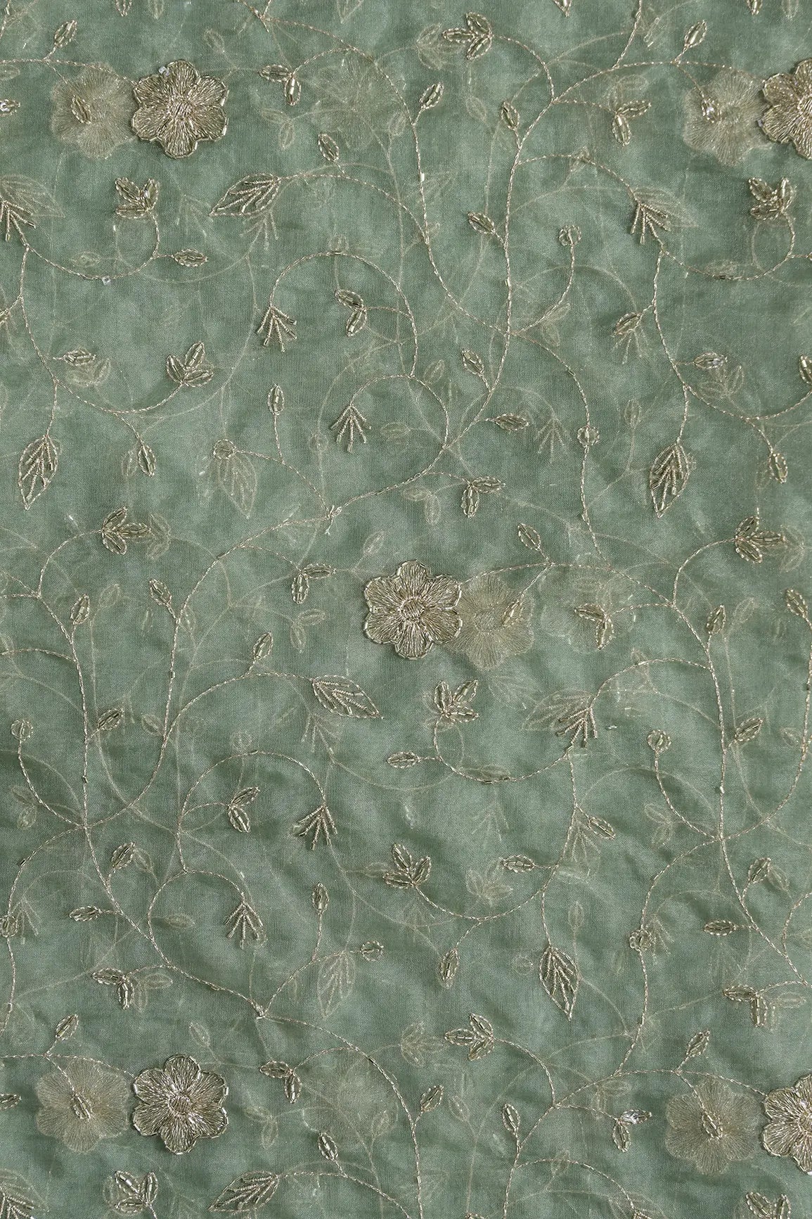 Gold Zari With Beads Leafy Embroidery Work On Olive Organza Fabric