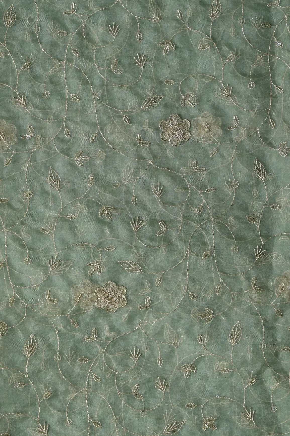 Gold Zari With Beads Leafy Embroidery Work On Olive Organza Fabric