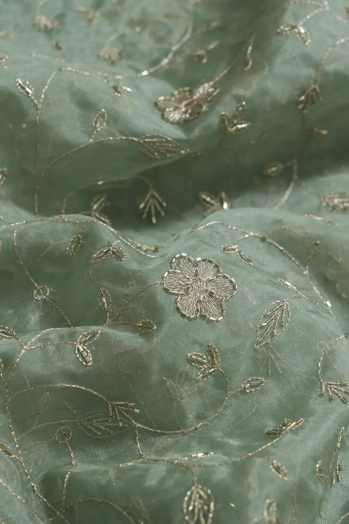 Gold Zari With Beads Leafy Embroidery Work On Olive Organza Fabric