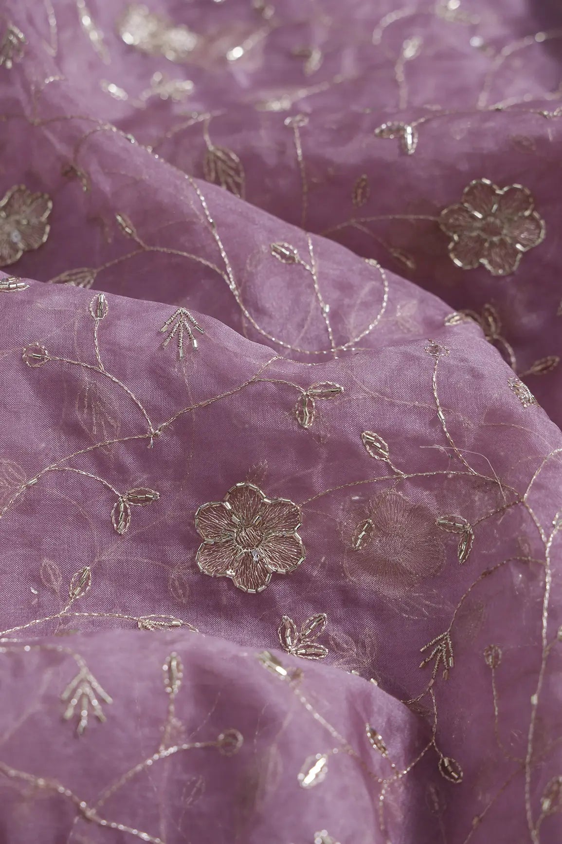Gold Zari With Beads Leafy Embroidery Work On Lavender Organza Fabric