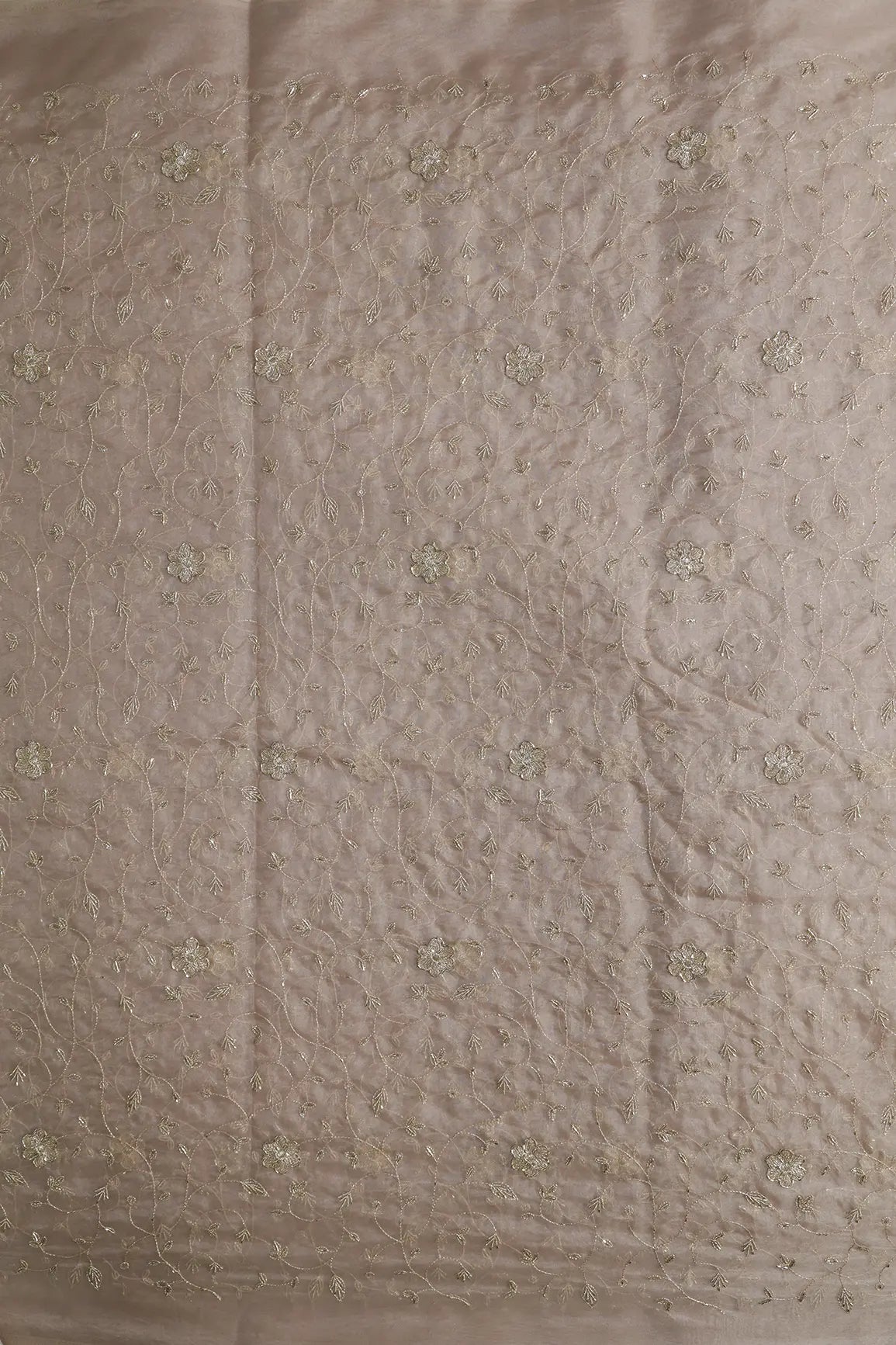 Gold Zari With Beads Leafy Embroidery Work On brown Organza Fabric