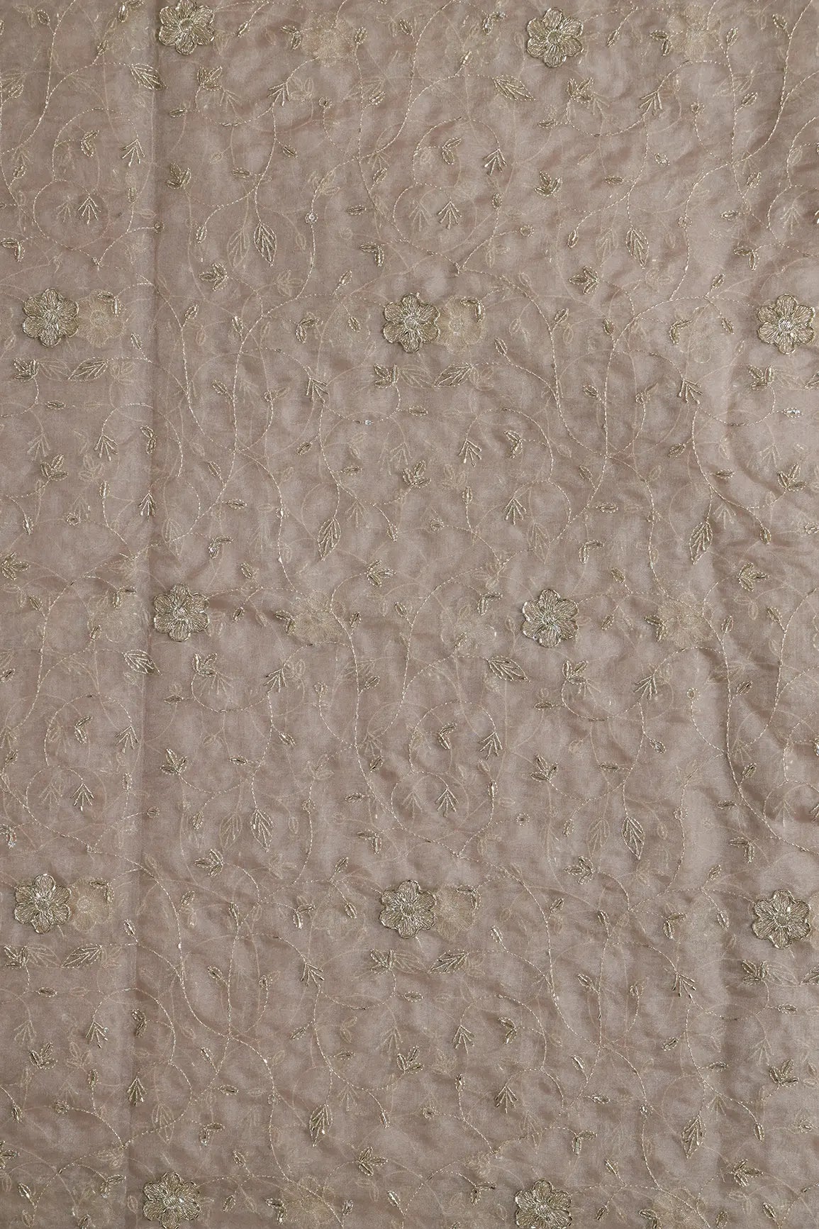 Gold Zari With Beads Leafy Embroidery Work On brown Organza Fabric
