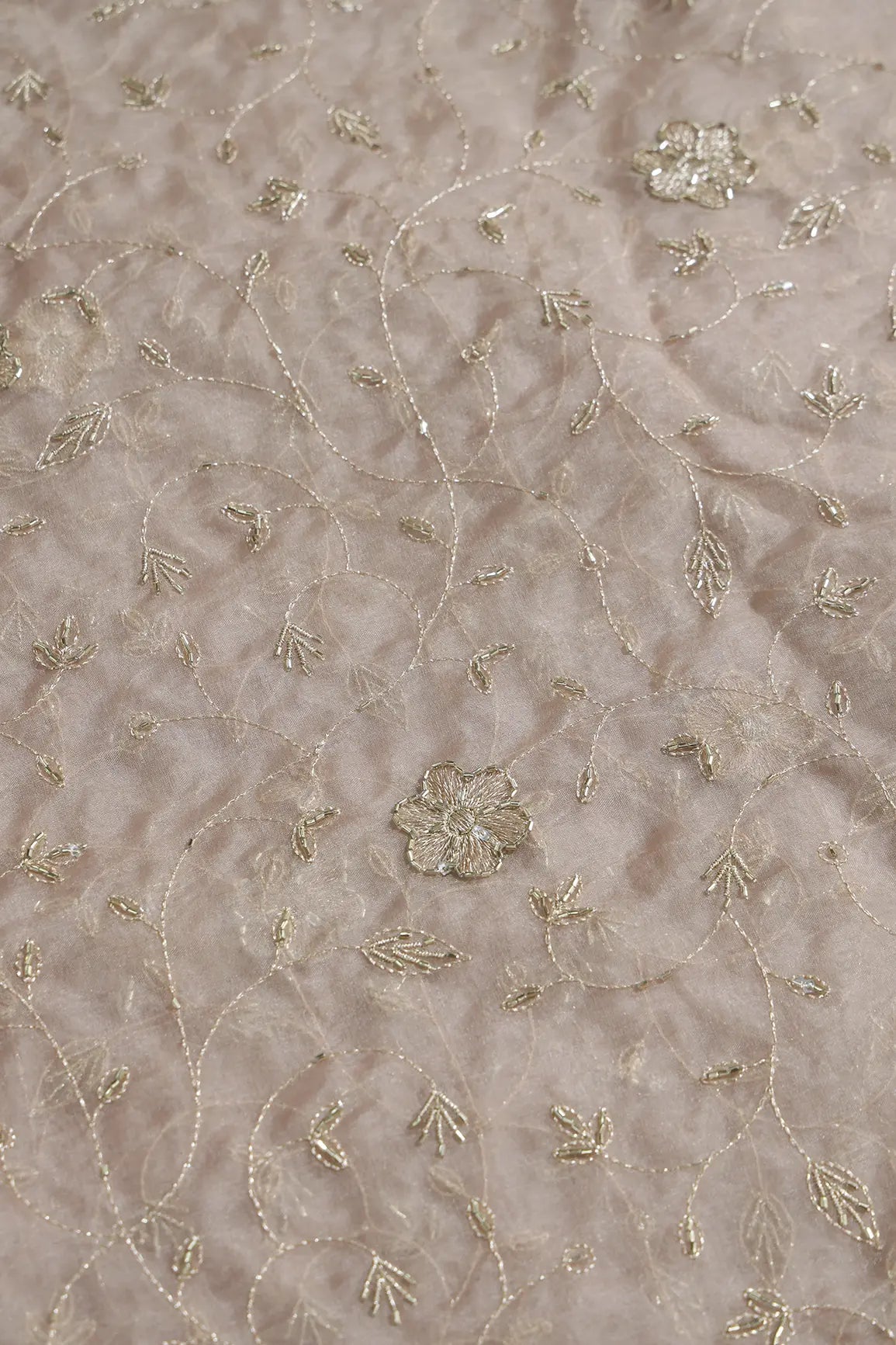 Gold Zari With Beads Leafy Embroidery Work On brown Organza Fabric