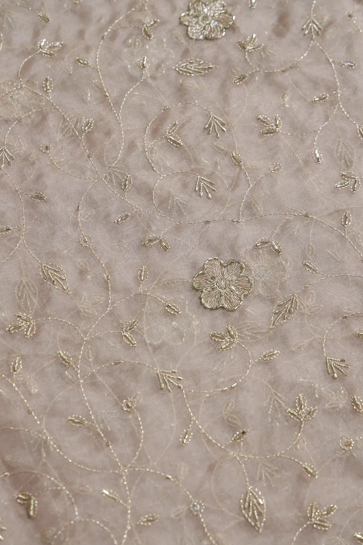 Gold Zari With Beads Leafy Embroidery Work On brown Organza Fabric