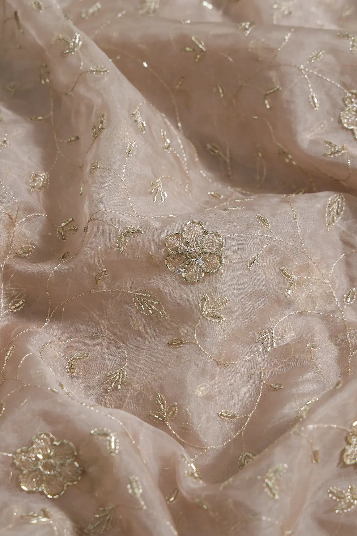 Gold Zari With Beads Leafy Embroidery Work On brown Organza Fabric