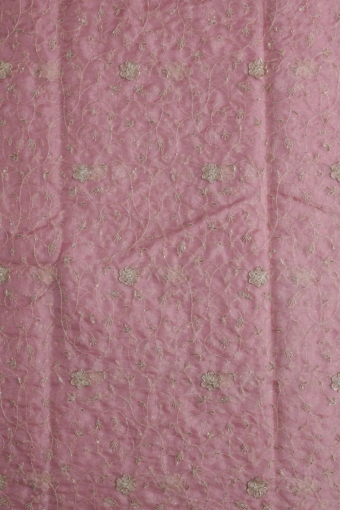Gold Zari With Beads Leafy Embroidery Work On Gajri Organza Fabric