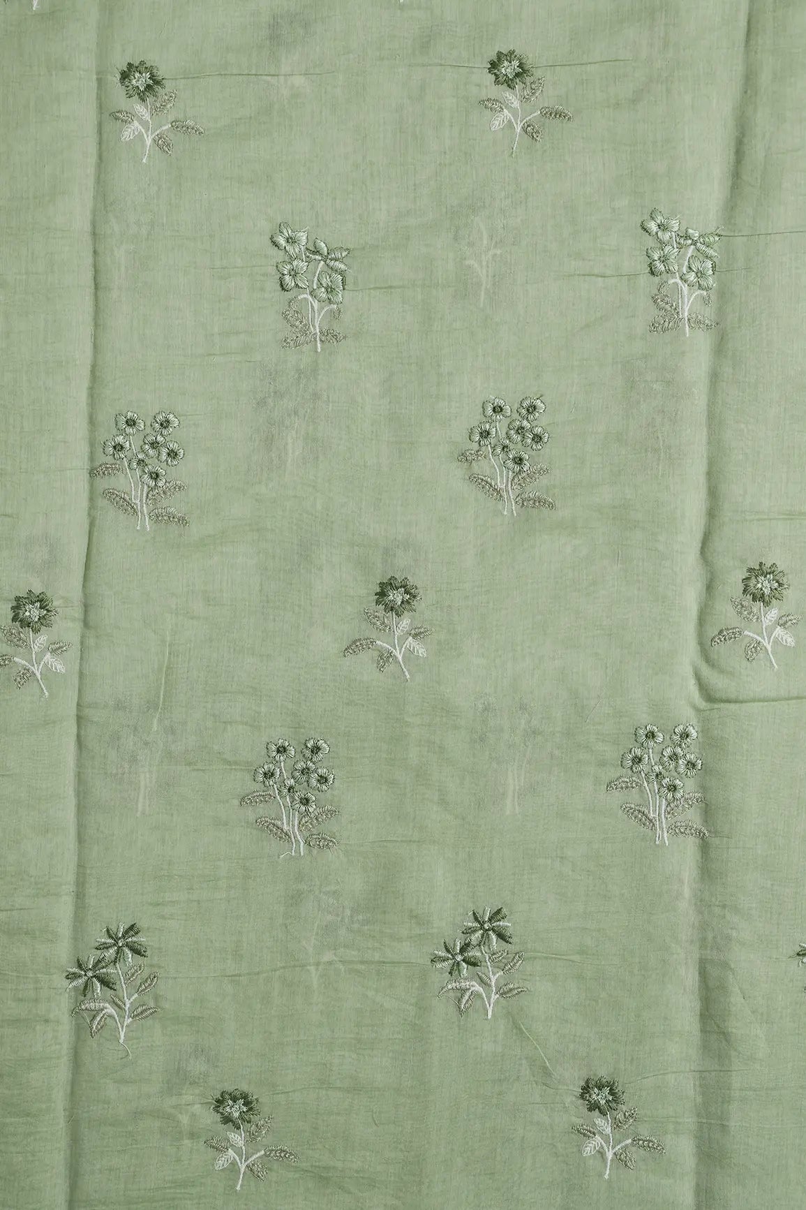 Green And Olive Thread Beautiful Floral Embroidery On Olive Pure Mul Chanderi Silk Fabric