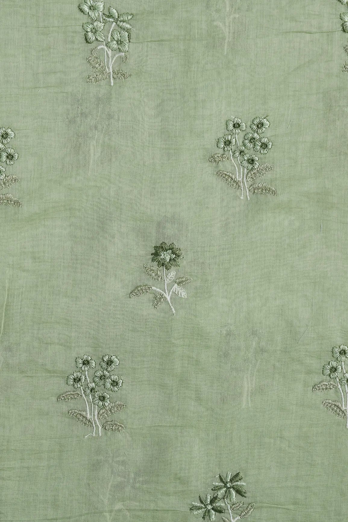 Green And Olive Thread Beautiful Floral Embroidery On Olive Pure Mul Chanderi Silk Fabric