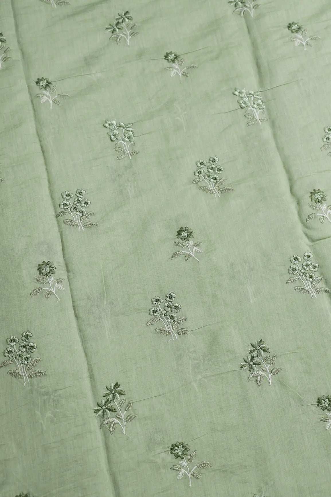 Green And Olive Thread Beautiful Floral Embroidery On Olive Pure Mul Chanderi Silk Fabric