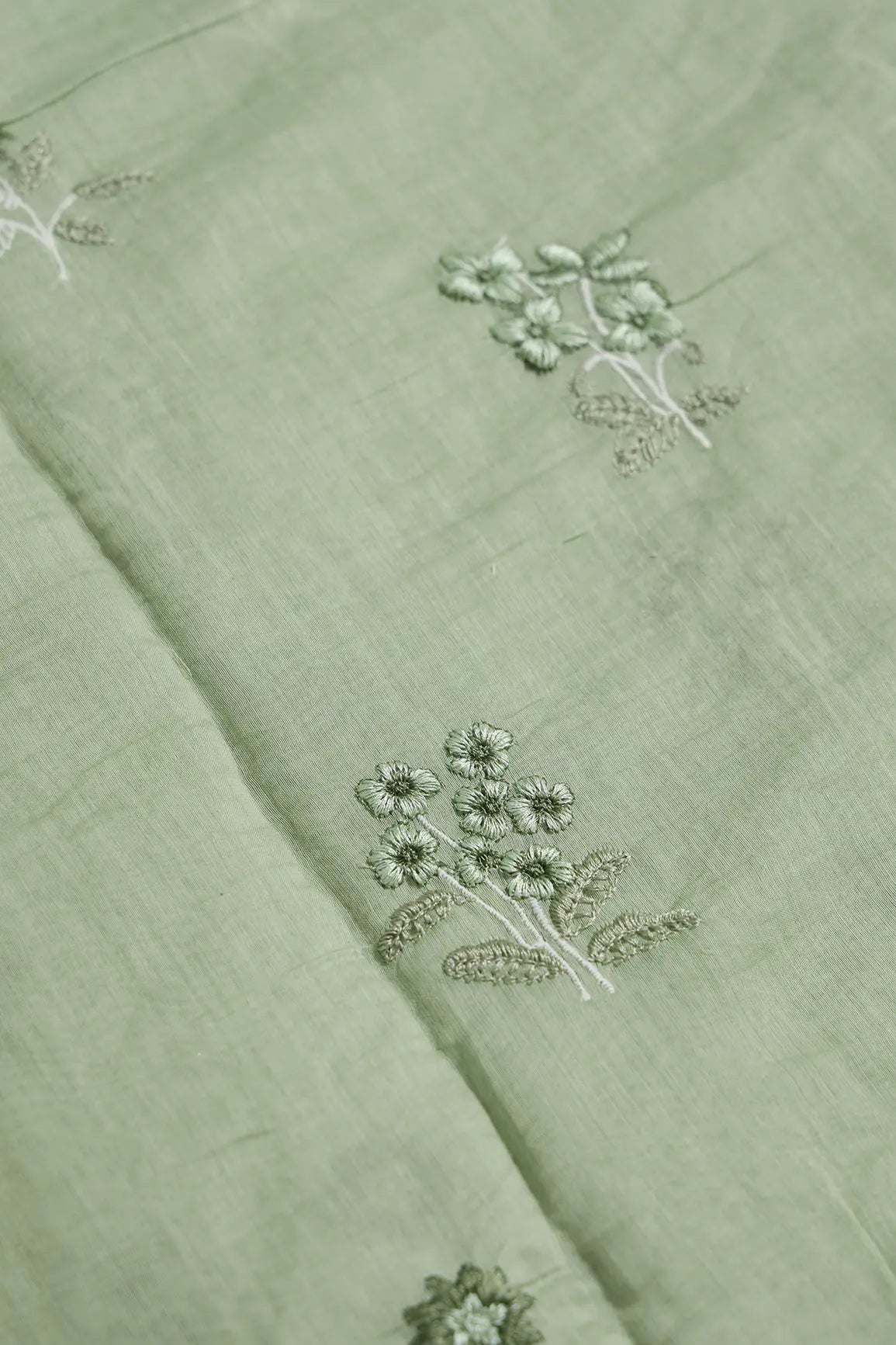 Green And Olive Thread Beautiful Floral Embroidery On Olive Pure Mul Chanderi Silk Fabric