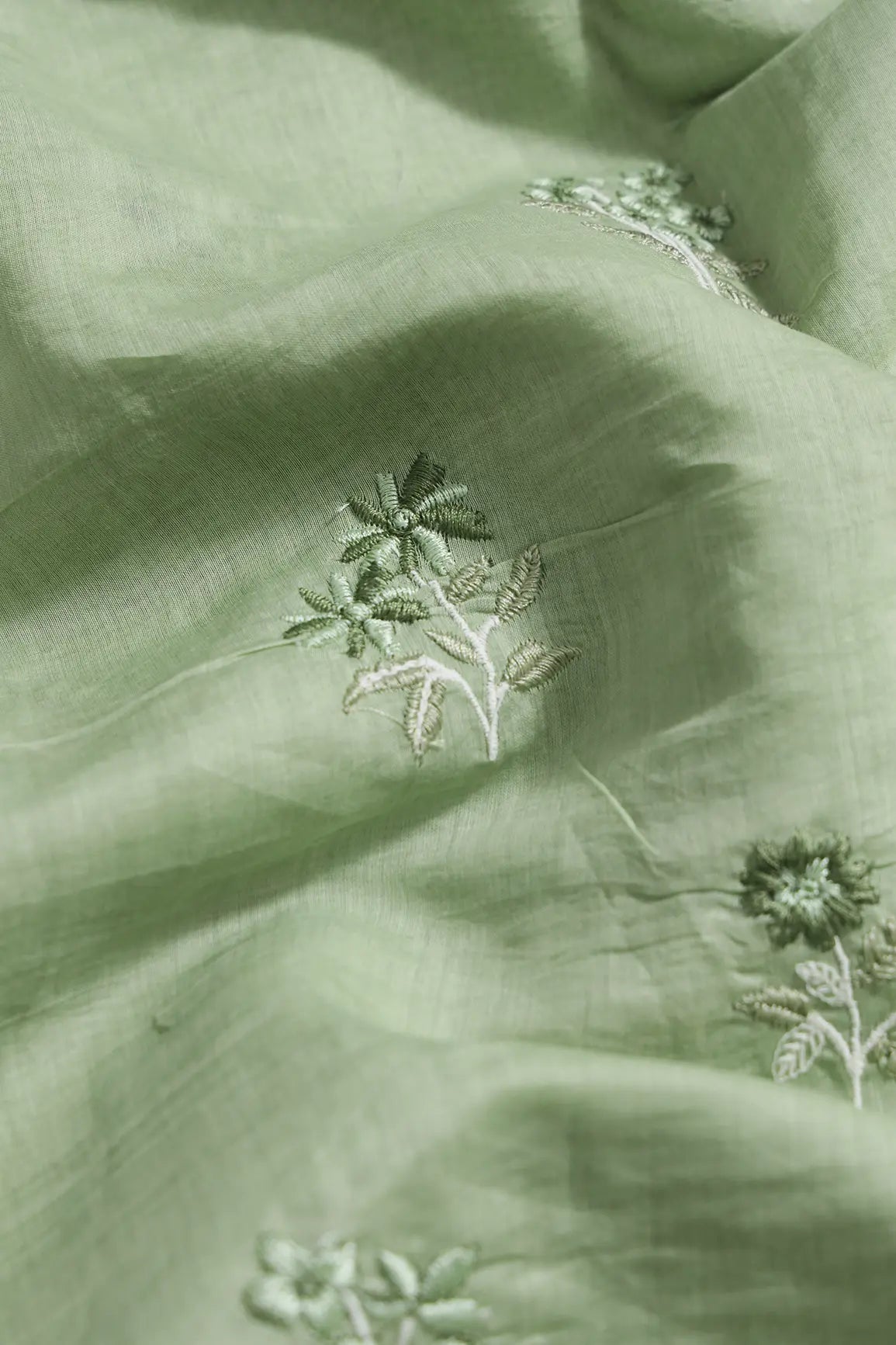 Green And Olive Thread Beautiful Floral Embroidery On Olive Pure Mul Chanderi Silk Fabric