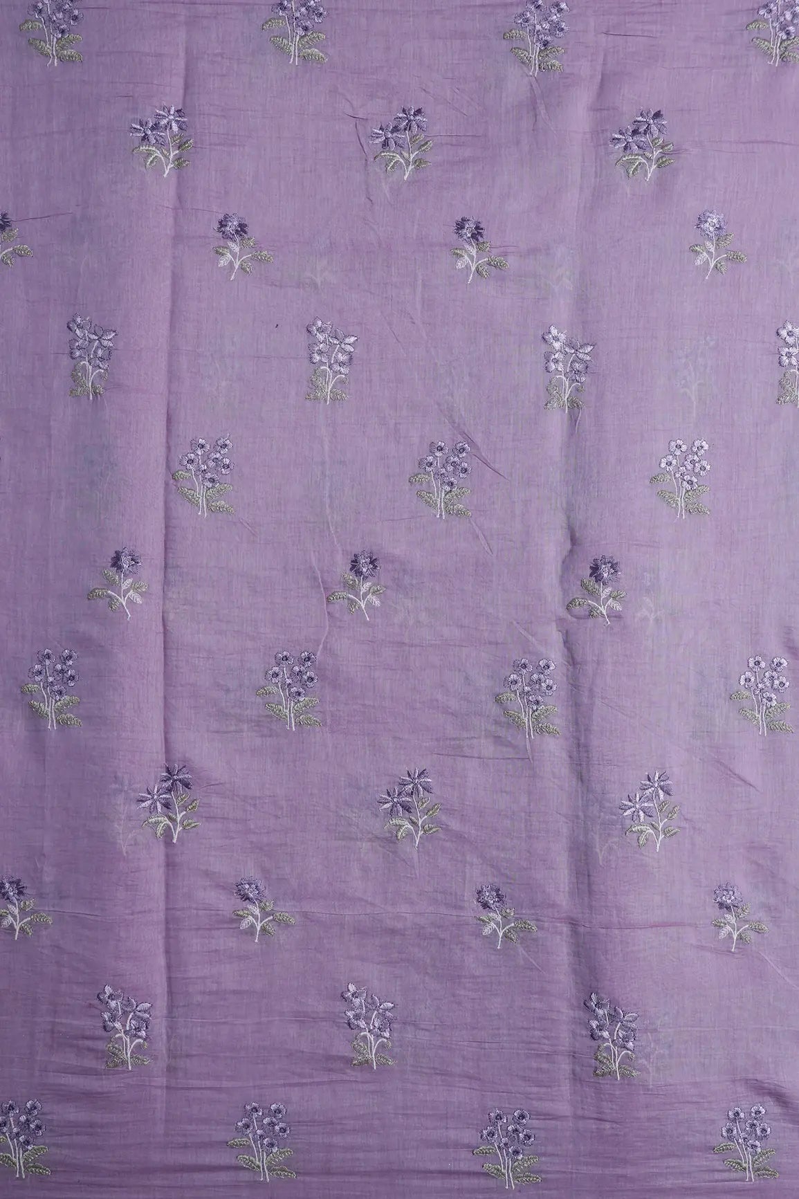 Purple And Olive Thread Beautiful Floral Embroidery On Lilac Pure Mul Chanderi Silk Fabric