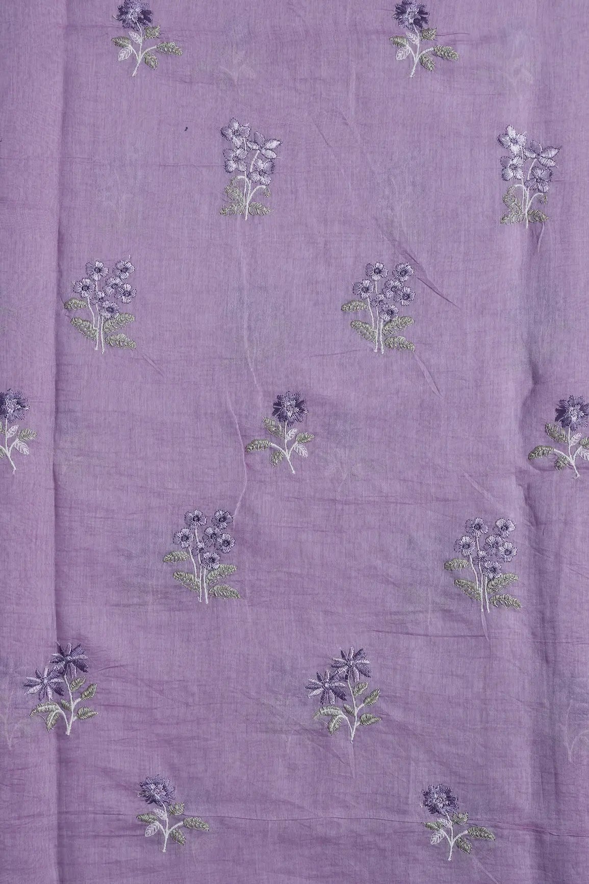 Purple And Olive Thread Beautiful Floral Embroidery On Lilac Pure Mul Chanderi Silk Fabric