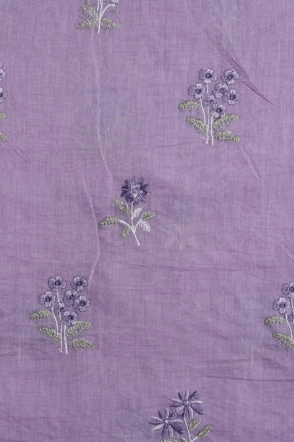 Purple And Olive Thread Beautiful Floral Embroidery On Lilac Pure Mul Chanderi Silk Fabric
