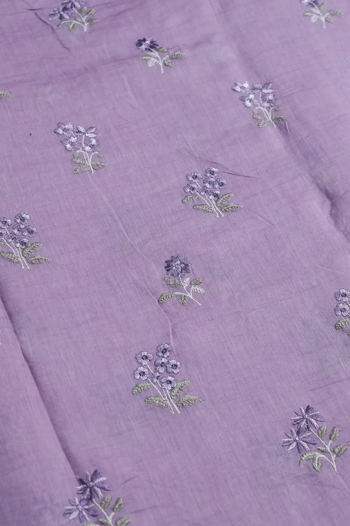 Purple And Olive Thread Beautiful Floral Embroidery On Lilac Pure Mul Chanderi Silk Fabric