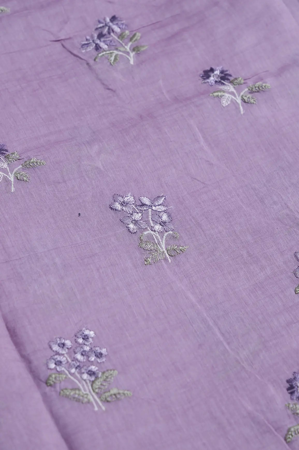 Purple And Olive Thread Beautiful Floral Embroidery On Lilac Pure Mul Chanderi Silk Fabric