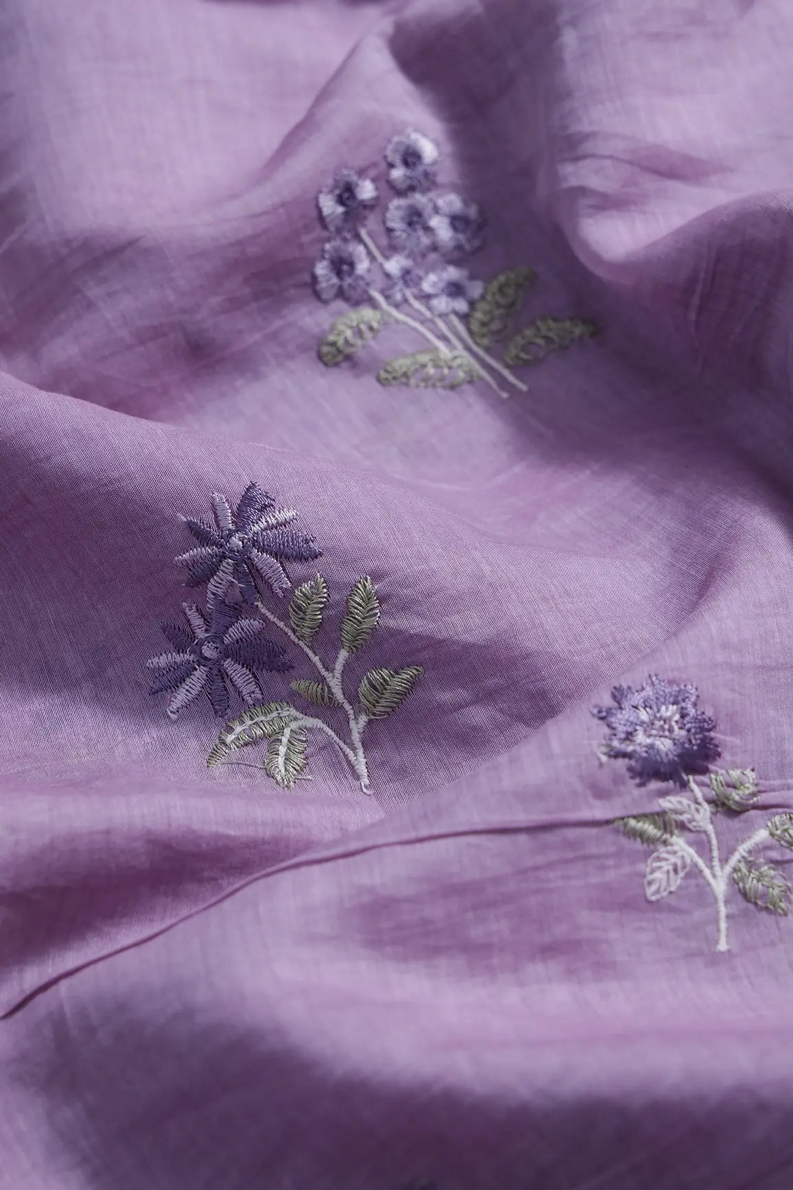 Purple And Olive Thread Beautiful Floral Embroidery On Lilac Pure Mul Chanderi Silk Fabric